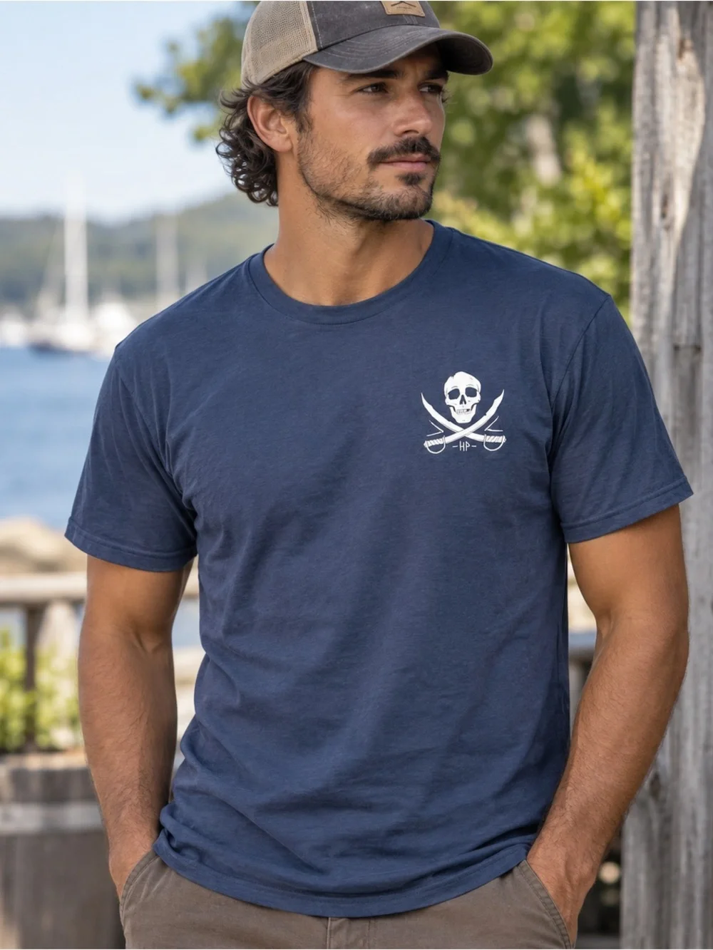 Haggard Pirate Mens XL Petrol Blue Skull Swords Graphic T Shirt Pirate NWT